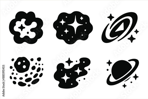 Surreal Space Icons. Solid style icons of surreal space landscapes in : nebula cloud, glowing starfield, prism galaxy, radiant