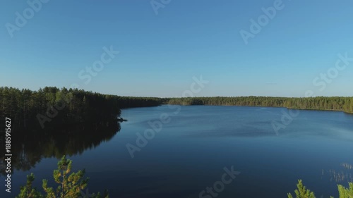 Aerial view of a calm forest lake surrounded by dense green pine trees under a clear blue sky, filmed by a flying drone in daylight, showing smooth water surface and unspoiled natural shoreline.