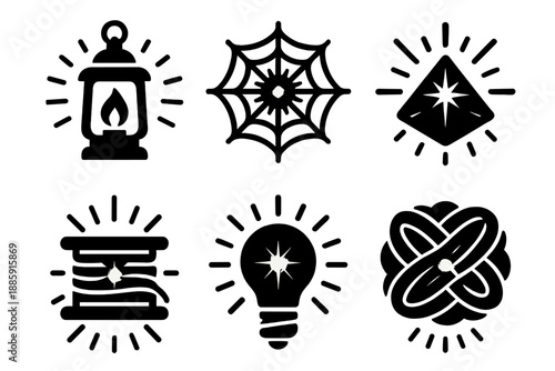 Mystical Light Icons. Solid style icons of mystical light in : lantern, spiderweb, prism glow, radiant thread, glowing filament,