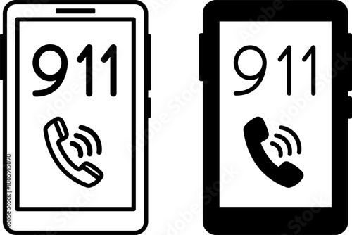 Emergency Call Icons. Black and White Vector Illustrations. Mobile Phone and Emergency Number, Call 911. Emergency Situation. Firefighter Concept