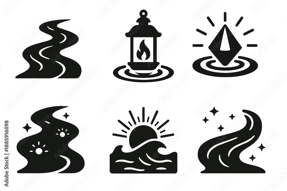 Fototapeta premium Mystical Waterway Icons. Solid style icons of mystical waterways in : river, lantern, prism ripple, glowing stream, radiant wave,