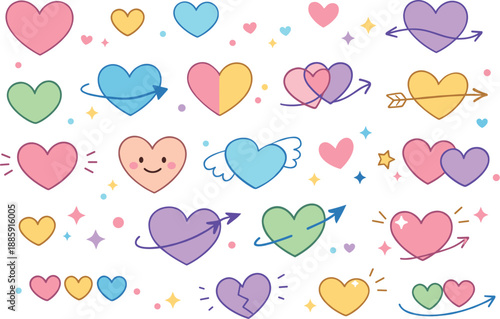Pastel Hearts and Arrows. Clean line hearts in soft pastel tones with small dots, curved arrows, and tiny stars drifting across an