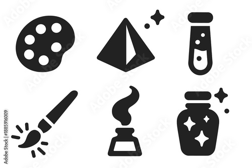 Fantasy Art Tools. Solid style icons of creative fantasy tools in : paint palette, prism pigment, glowing tube, radiant brush,
