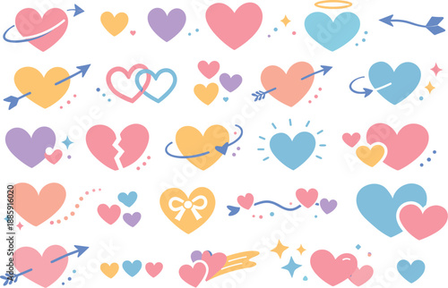Pastel Hearts and Arrows. Clean line hearts in soft pastel tones with small dots, curved arrows, and tiny stars drifting across an