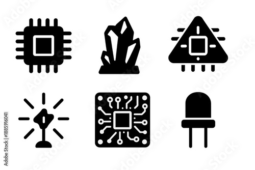 Futuristic Tech Icons. Solid style icons of futuristic technology in : chip, ice, prism processor, glowing circuit, radiant