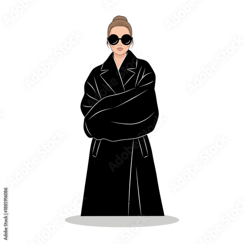 Stylish Woman in Black Coat and Round Sunglasses, Fashion Illustration