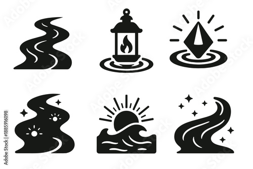 Mystical Waterway Icons. Solid style icons of mystical waterways in : river, lantern, prism ripple, glowing stream, radiant wave,