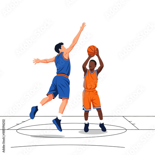 Basketball player shooting, defender blocking, sports dynamic action illustration