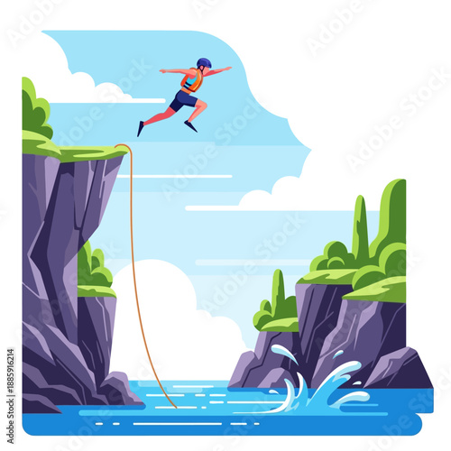 Man Jumps Off Cliff into Water with Rope