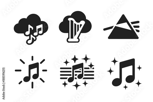 Ethereal Music Icons. Solid style icons of ethereal music in : cloud, harp, prism string, glowing note, radiant chord, ethereal