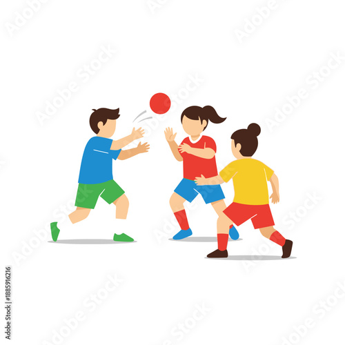 Children Playing Dodgeball: Active Kids in Colorful Sports Outfits Enjoying Outdoor Game
