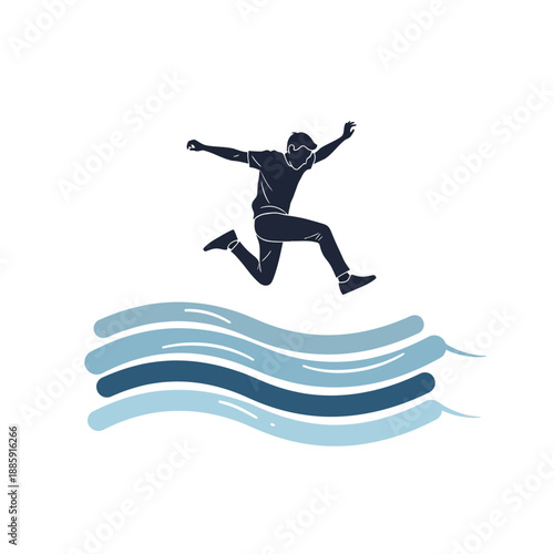 Silhouette of a man jumping over stylized blue waves, symbolizing overcoming obstacles.