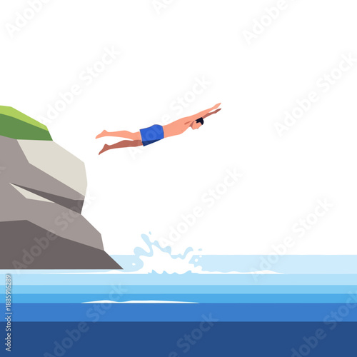 Man Diving From Cliff Into Ocean Water, Summer Vacation Leisure Activity