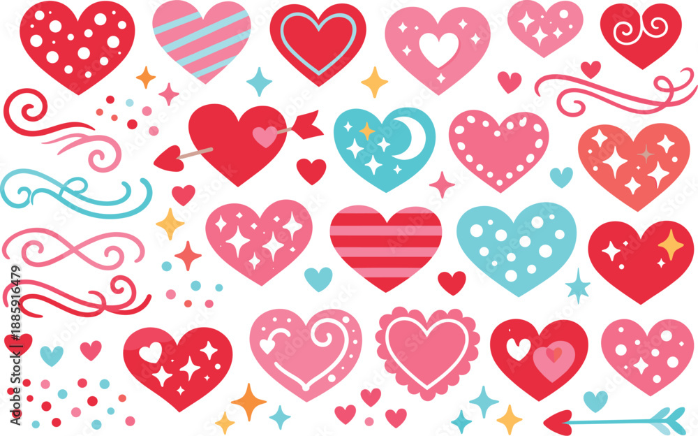 Naklejka premium Heart Pattern Clipart. Decorative hearts create a repeating textile print with tiny dots, sparkles, stripes, and curved swirls