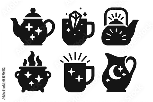 Magical Beverage Icons. Solid style icons of magical beverage items in : teapot, prism cup, glowing kettle, radiant mug, ethereal