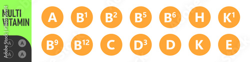 Set of Multi Vitamin complex icons. Multivitamin supplement. Vitamin A, B group B1, B2, B3, B5, B6, B9, B12, C, D, D3, E, K, H, K1, PP. Essential vitamin complex. Healthy life concept