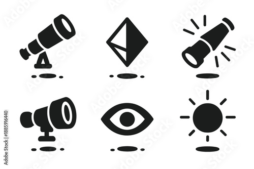 Levitating Exploration Tools. Solid style icons of levitating exploration tools in : telescope, floating prism lens, radiant