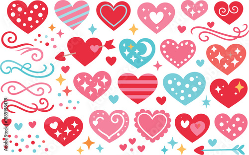 Heart Pattern Clipart. Decorative hearts create a repeating textile print with tiny dots, sparkles, stripes, and curved swirls