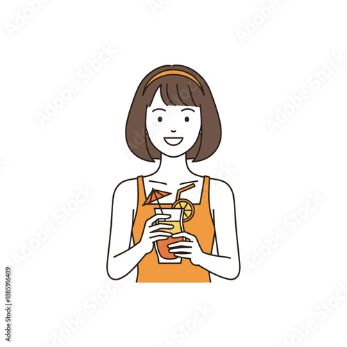 Young Woman Holding a Tropical Cocktail with Umbrella and Fruit Slice