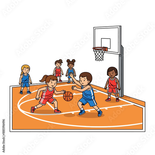 Children playing basketball on court, diverse group of kids in sports uniforms, active lifestyle
