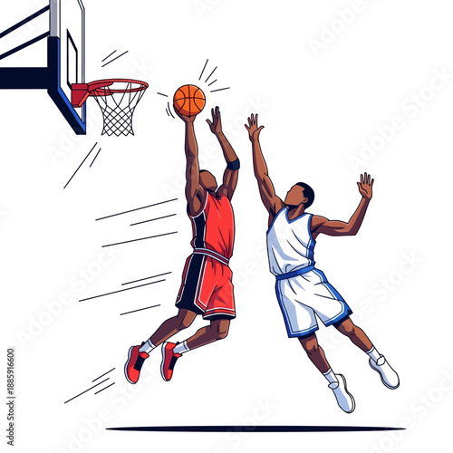 Basketball players competing for a slam dunk. Dynamic action illustration.
