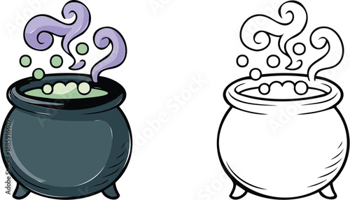 Witch's  bubbling Cauldron Illustration and outline set isolated on transparent background-10