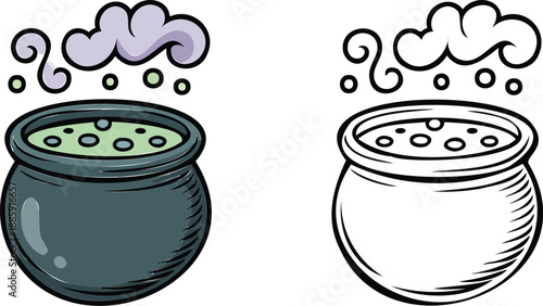 Witch's  bubbling Cauldron Illustration and outline set isolated on transparent background-10