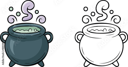 Witch's  bubbling Cauldron Illustration and outline set isolated on transparent background-10