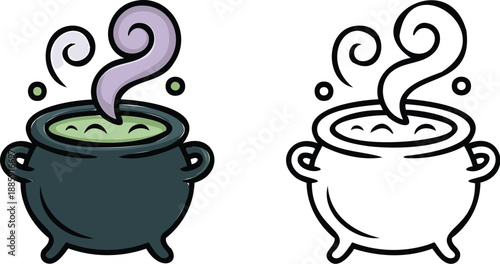 Witch's  bubbling Cauldron Illustration and outline set isolated on transparent background-10