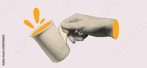 Halftone collage drink beverage illustration. Old vintage hand holding mug cup retro coffee cocoa tea journal magazine banner copy space. 
