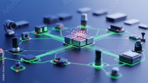 Future of interconnected smart devices and data flow in a sophisticated digital network infrastructure, highlighting advanced technological innovation and communication systems