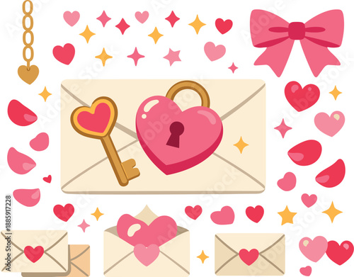 Romantic Symbols Vector. Heart key beside a heart padlock on a romance letter, with ribbon bow, tiny stars, rose petals, and a