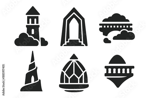 Ethereal Architecture Icons. Solid style icons of ethereal architecture: cloud tower, prism arch, floating bridge, spiral spire,