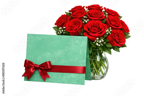 Red roses bouquet with greeting card and ribbon bow