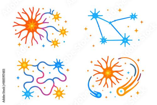 Neural Galaxy Maps. Isometric vector illustration set Galactic Maps for Neural Pathways: glowing neuron clusters as star systems,