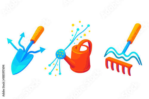 Quantum Garden Tools. Isometric vector illustration set Quantum State Garden Cultivation Tools: trowel splitting into multiple