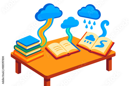 Books and Atmospheric Rivers. Isometric vector illustration set Library Books Forecasting Atmospheric Rivers: library table with