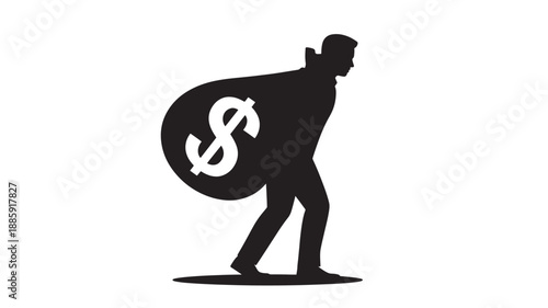 Man carrying large dollar sign sack in silhouette with dramatic lighting on white background for financial