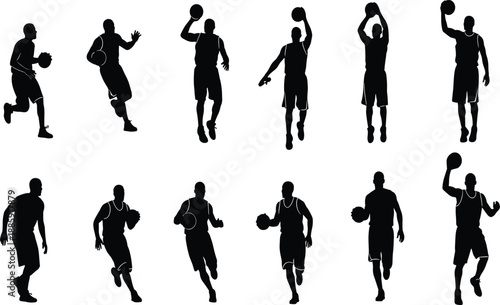 Basketball player silhouette, dribbling, shooting, passing, running, dynamic action poses, black figure, sports movement, athletic skill, isolated vector illustration