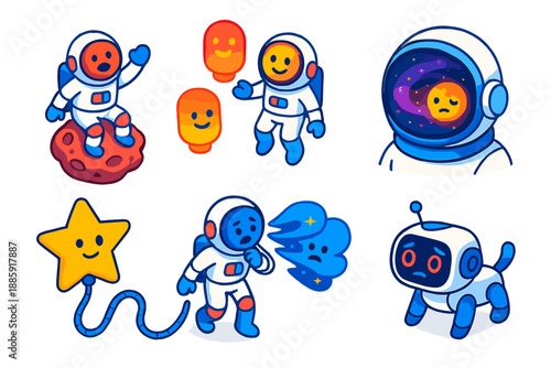 Astronaut Emotional Journey. Isometric vector illustration set Tidal locking emotions for astronauts: astronaut riding mini meteor
