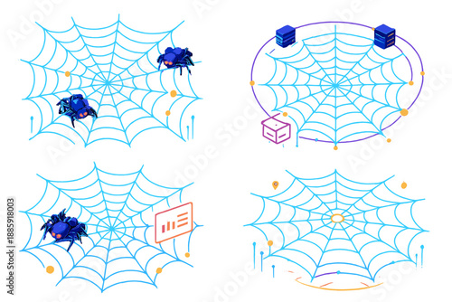 Robotic Spiders Network. Isometric vector illustration set Spiderwebs mapping internet connections: floating web strands forming