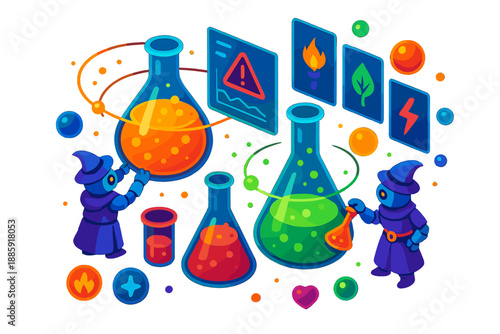 Medieval Alchemy Software. Isometric vector illustration set Medieval alchemy troubleshooting software: orbiting glowing flasks