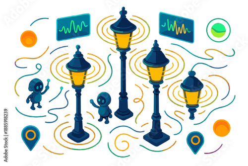 Luminous Street Symphony. Isometric vector illustration set Street lamps breathing slowly: orbiting luminous street lamps emitting
