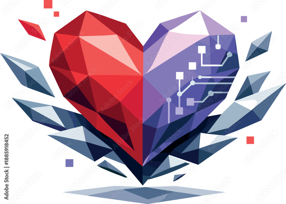 Obraz premium Futuristic Digital Heart. Low-poly vector illustration of a futuristic heart symbolizing digital romance and emotional technology,