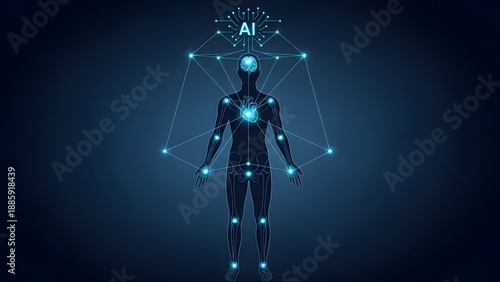 A futuristic digital humanoid robot with glowing blue circuits and AI connections stands against a dark background