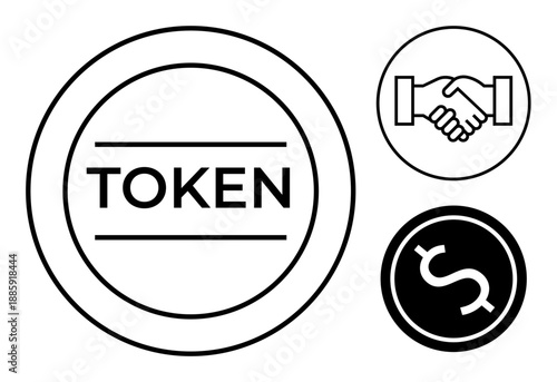 Token concept. Digital token related to blockchain, online transactions, and cryptocurrency. Token icons emphasizing financial exchange, trust, and decentralized systems. For fintech, blockchain
