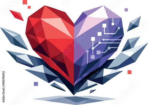 Futuristic Digital Heart. Low-poly vector illustration of a futuristic heart symbolizing digital romance and emotional technology,