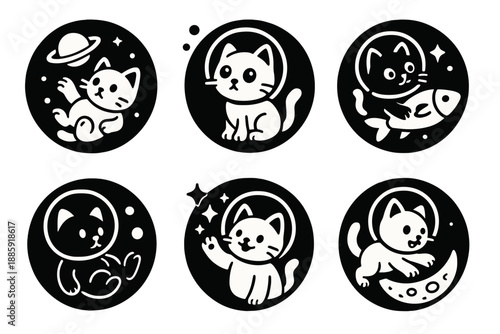 Space Explorer Cat. Solid style round vector icons of playful space explorer cat: floating toy planet, curious gaze, rocket fish,