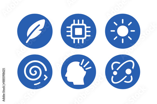 Futuristic Tech Icons. Solid style round vector icons of futuristic design: light feather, chipboard circuit, radiant glow, code