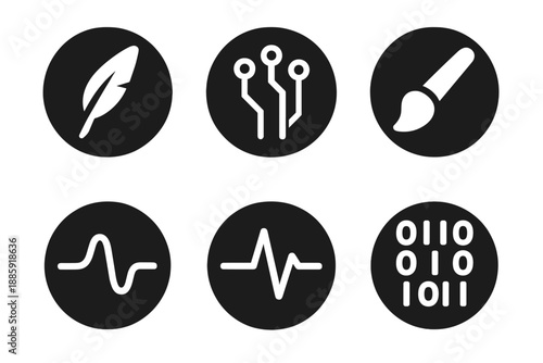 Tech Art Icons. Solid style round vector icons of tech artistry: feather tip, circuit board, digital brush, glowing line, creative